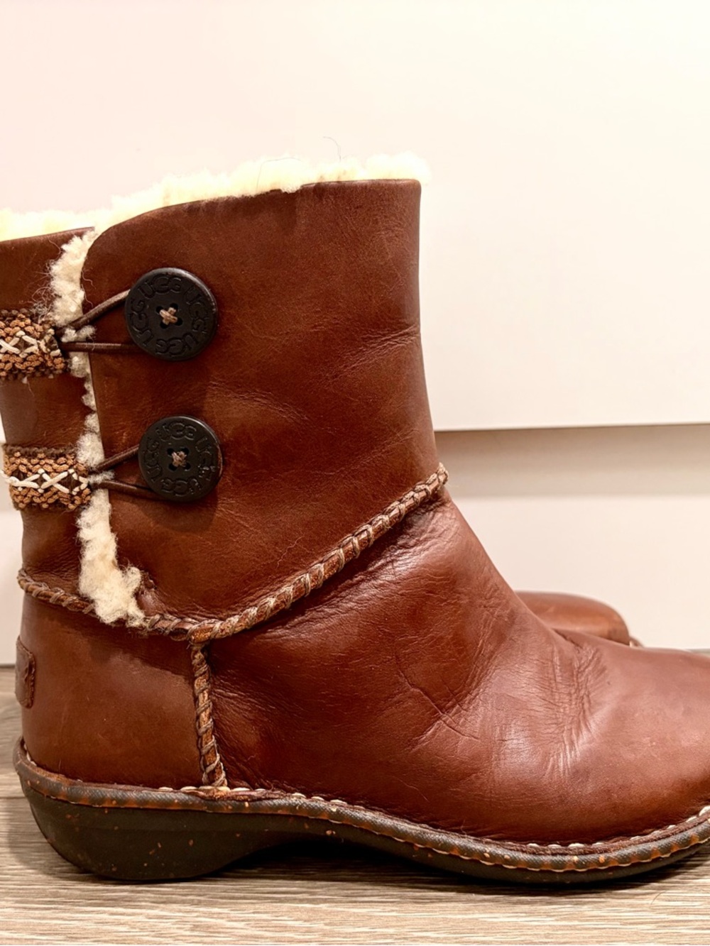 UGG Chestnut Brown Shearling Button Short Boots - Picture 2 of 4